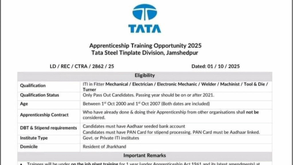 Tata Steel Apprentice Vacancy 2025